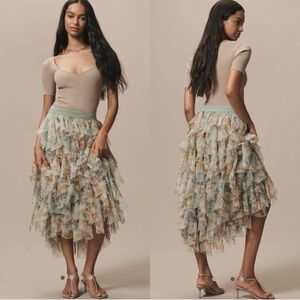 Anthropologie Cheri Midi Skirt in Green Floral Ruffle Tulle Sheer Mesh Sz Small